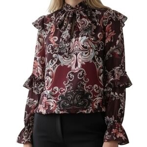 BEBE Gorgeous Long  Sleeve Ruffle Trim Blouse Dark Plum Paisley Print EUC Medium